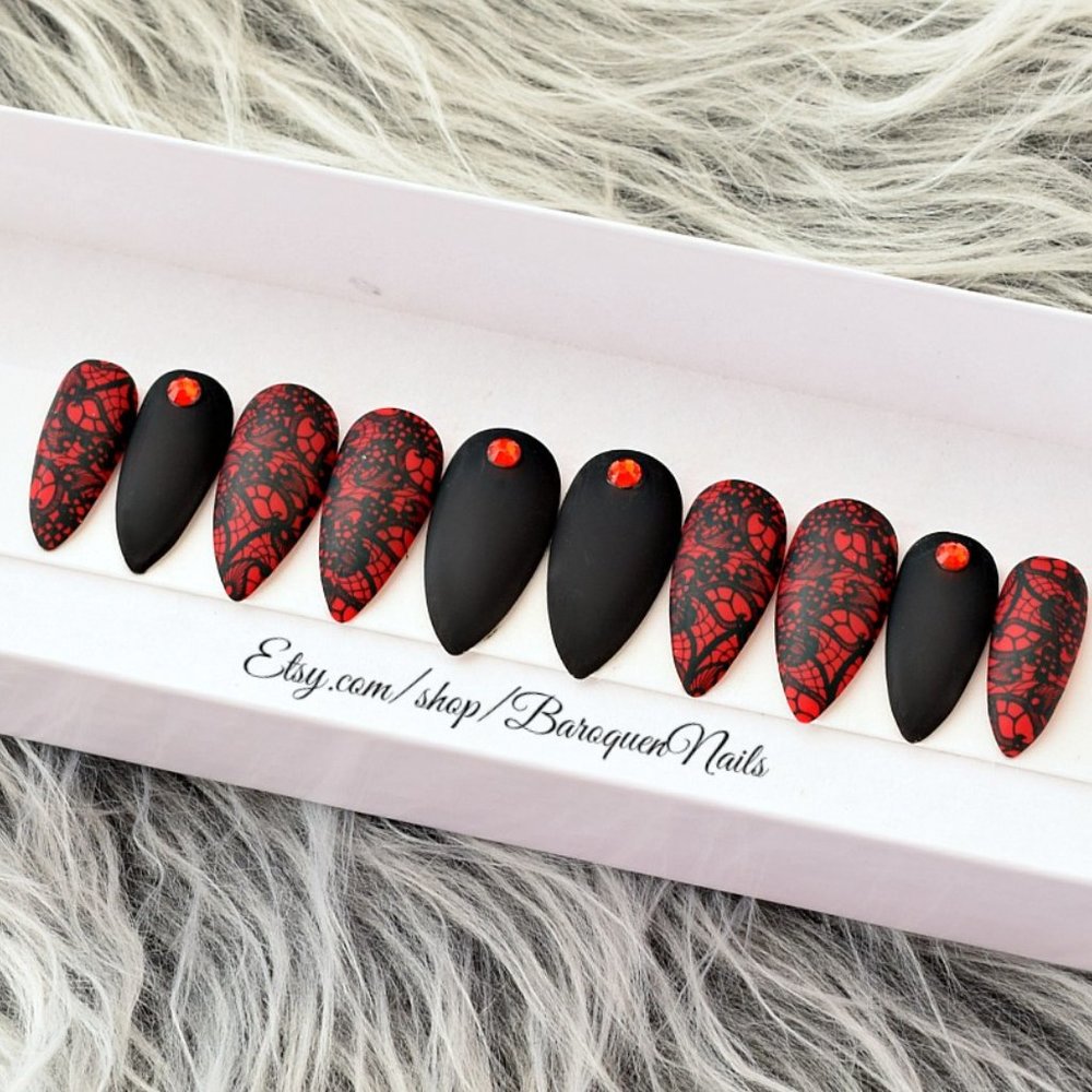 Black Lace Nails Red Stiletto Nails GLOSSY Size Small